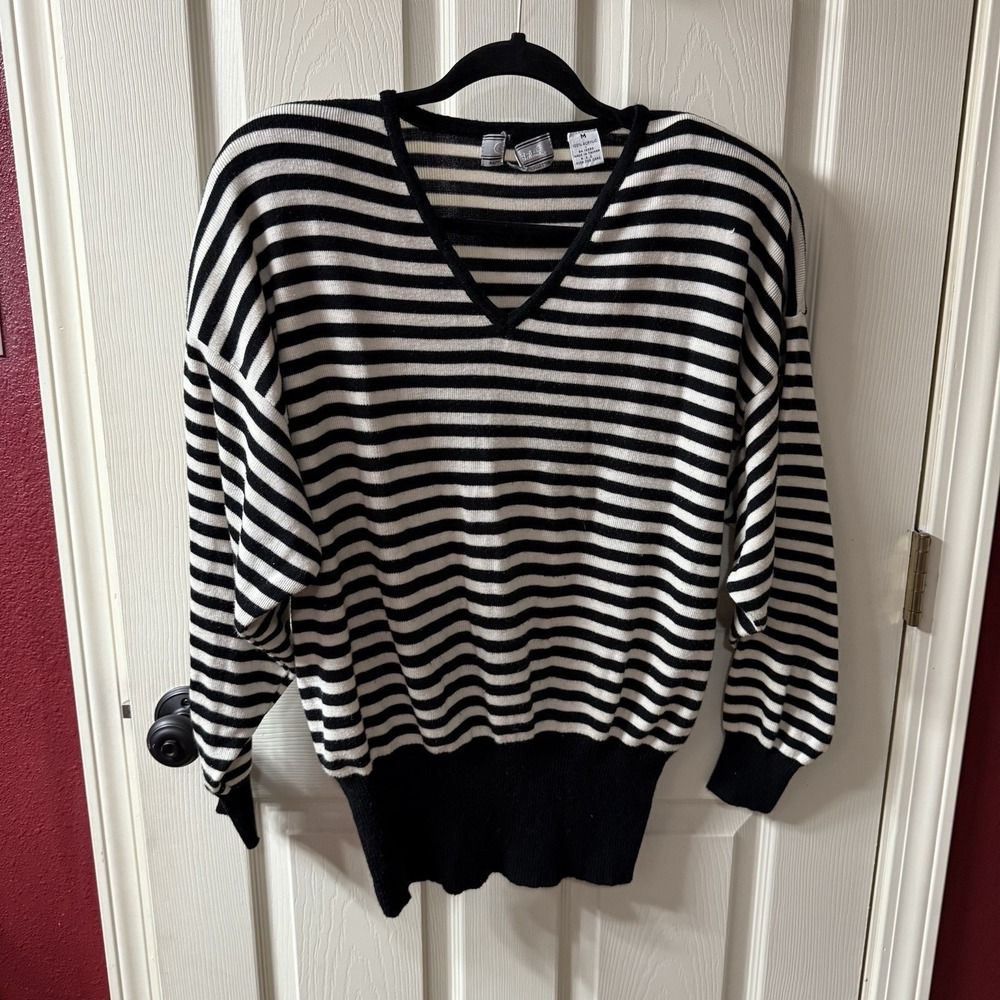 Womens M Black White Striped V Neck Long Sleeve Casual‎ Sweater Top